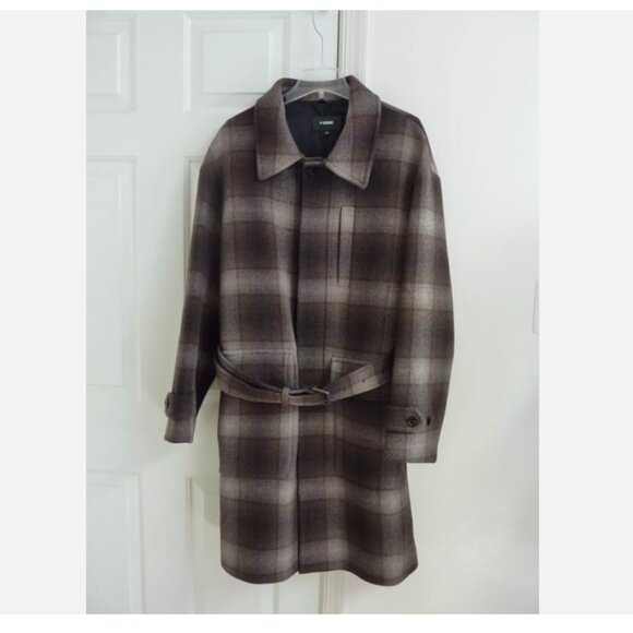 Mackage Men’s Silas-Plaid Wool Blend Belted Long Coat - Picture 1 of 11